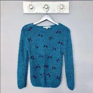 LC Lauren Conrad Teal Blue Sweater with Black Bows